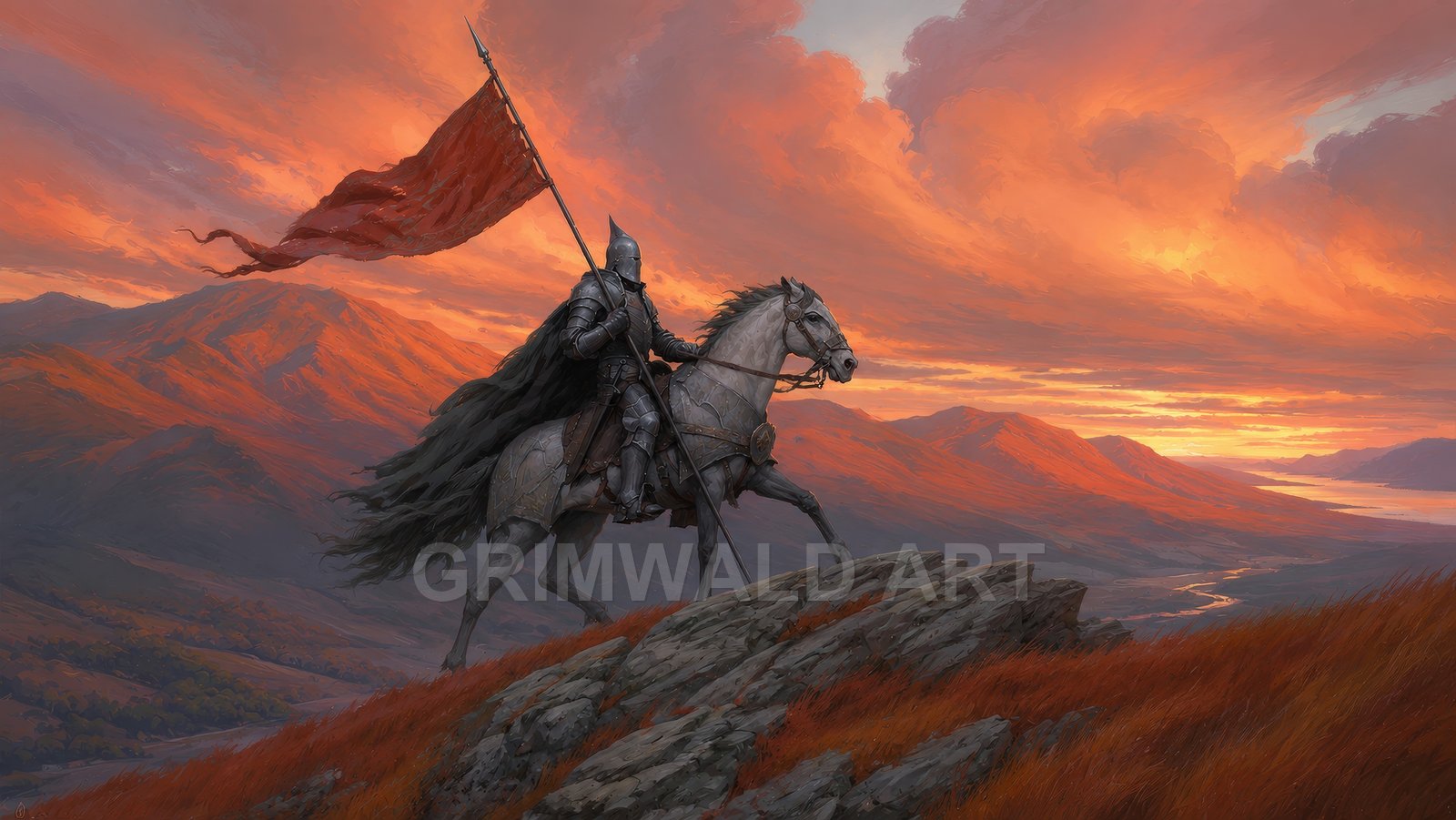 Crimson Standard at Sunset – Retro Fantasy Landscape Art