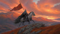 GRID THUMBNAIL — Armoured knight on a horse atop a rocky ridge, crimson banner streaming, overlooking sunlit mountains and a winding river beneath dramatic orange sunset clouds.