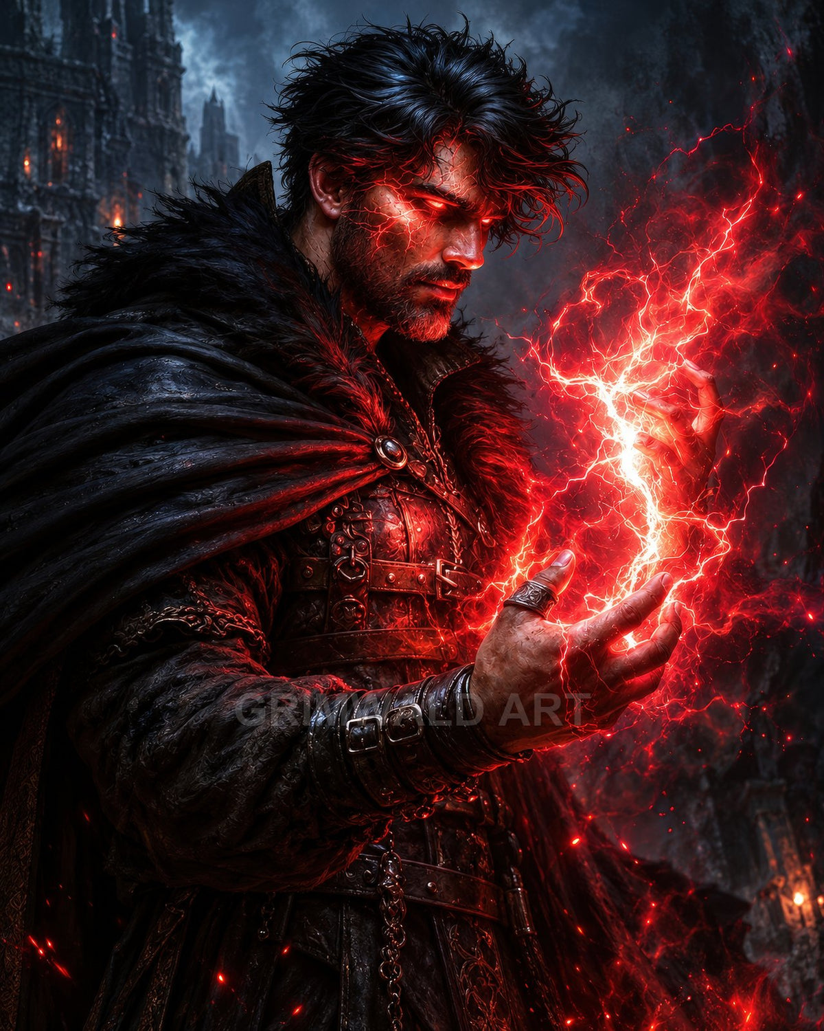 Armoured male sorcerer conjures crackling red lightning before a looming gothic castle, fur cloak billowing, glowing fissures on skin lighting the night.
