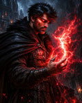 GRID THUMBNAIL — Armoured male sorcerer conjures crackling red lightning before a looming gothic castle, fur cloak billowing, glowing fissures on skin lighting the night.