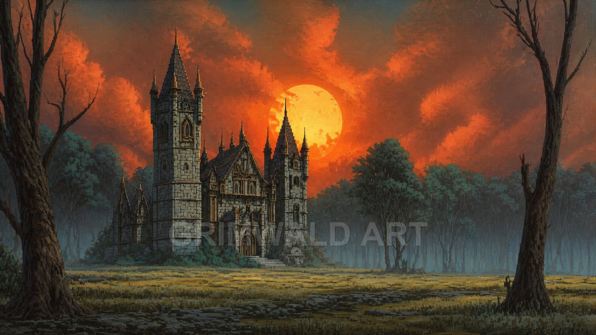 Gothic stone castle with spires in a misty forest clearing, silhouetted trees and a huge crimson setting sun behind dramatic clouds.
