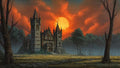 GRID THUMBNAIL — Gothic stone castle with spires in a misty forest clearing, silhouetted trees and a huge crimson setting sun behind dramatic clouds.