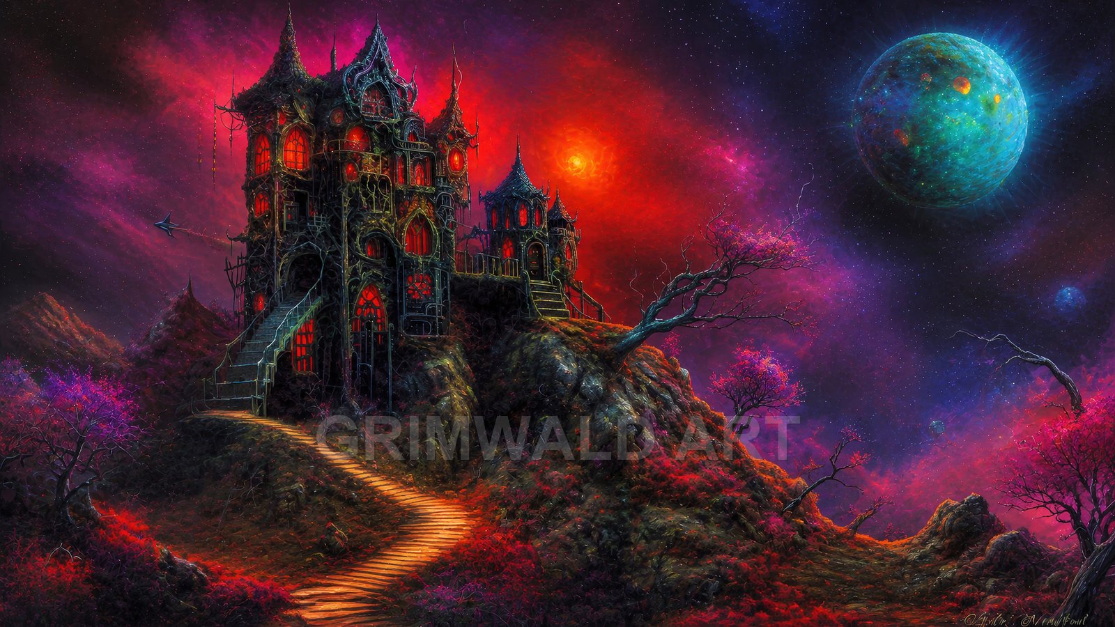 Gothic castle with red-lit windows atop rocky hill, winding path, twisted pink trees, starry purple sky with teal planet and crimson sun.