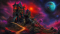 GRID THUMBNAIL — Gothic castle with red-lit windows atop rocky hill, winding path, twisted pink trees, starry purple sky with teal planet and crimson sun.