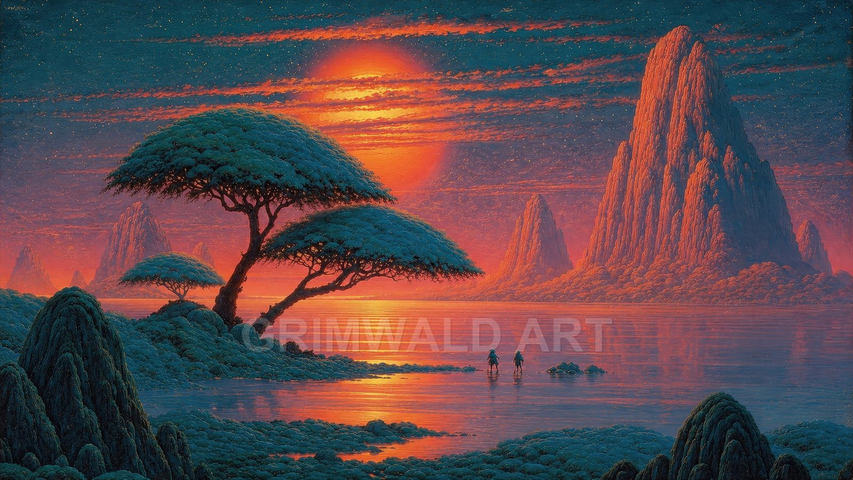Retro fantasy landscape with a vast red sun over teal mountains and lake, acacia-like trees, starry sky, and two tiny travellers wading.