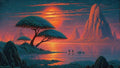 GRID THUMBNAIL — Retro fantasy landscape with a vast red sun over teal mountains and lake, acacia-like trees, starry sky, and two tiny travellers wading.