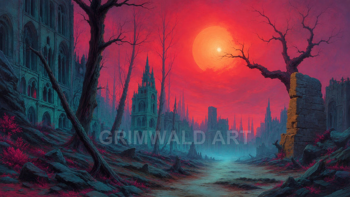 Gothic city ruins under a vast crimson sun, with leafless trees, teal stone towers, and a misty path winding through desolation.