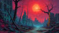 GRID THUMBNAIL — Gothic city ruins under a vast crimson sun, with leafless trees, teal stone towers, and a misty path winding through desolation.