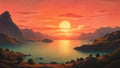 GRID THUMBNAIL — Retro fantasy landscape of a vast mountain lake at sunset, with a huge orange sun, calm reflective water, rocky shores, and a small pier.