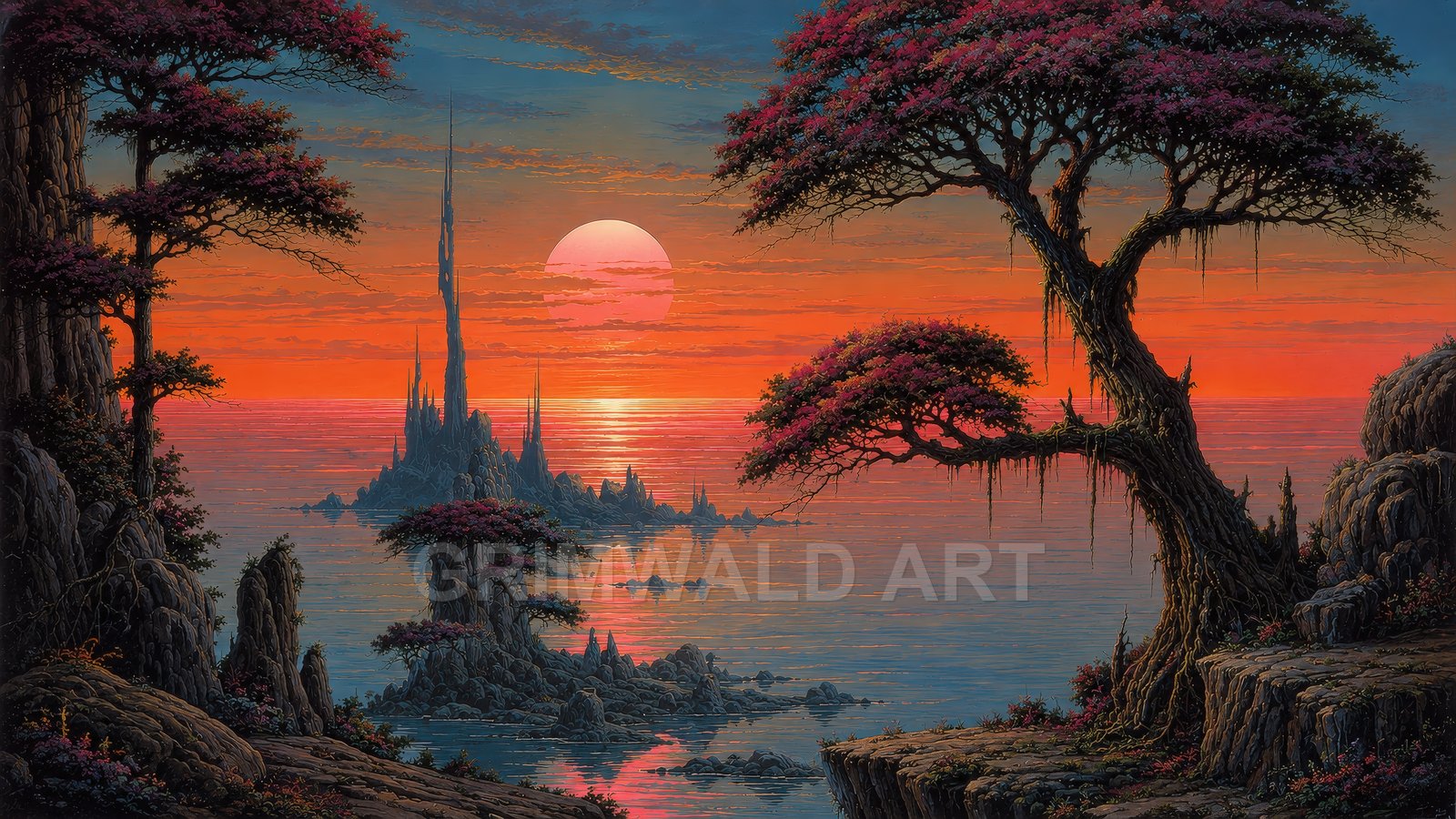 Retro fantasy seascape with gnarled blossom-laden trees on rocky cliffs, a vast red sun at sunset, and distant spired islands mirrored on calm water.