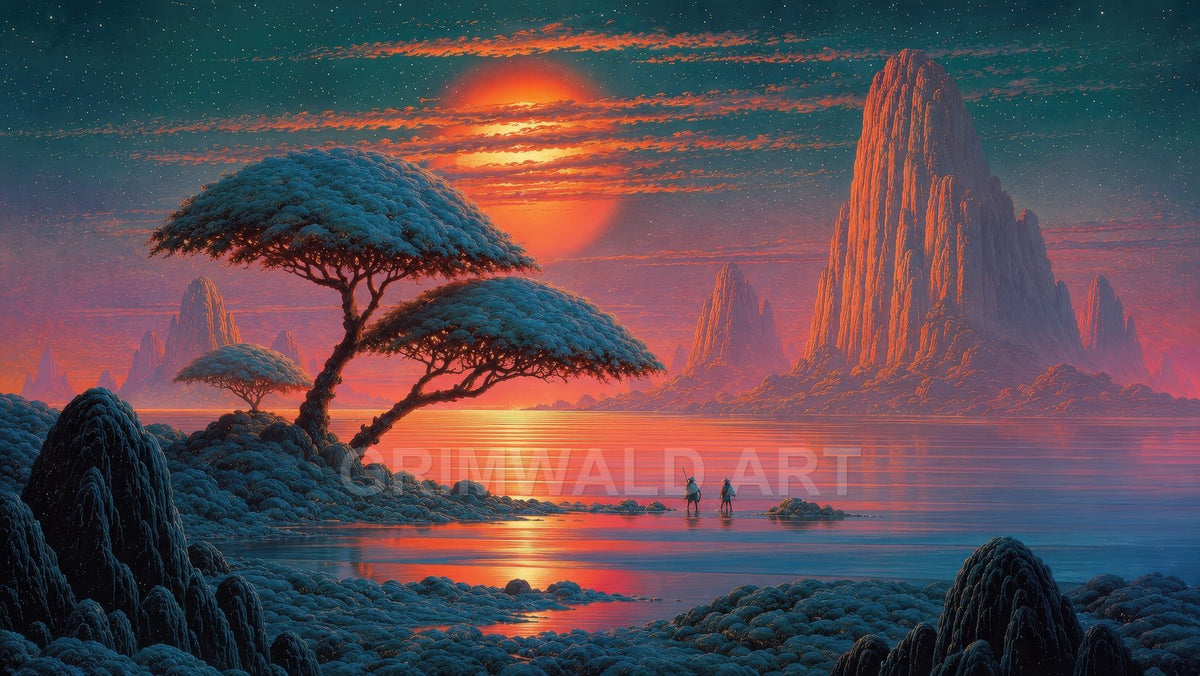 Fantasy landscape with a giant red sun over calm lake, blue-canopied trees and towering rock spires, two tiny figures wading.