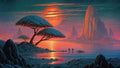 GRID THUMBNAIL — Fantasy landscape with a giant red sun over calm lake, blue-canopied trees and towering rock spires, two tiny figures wading.