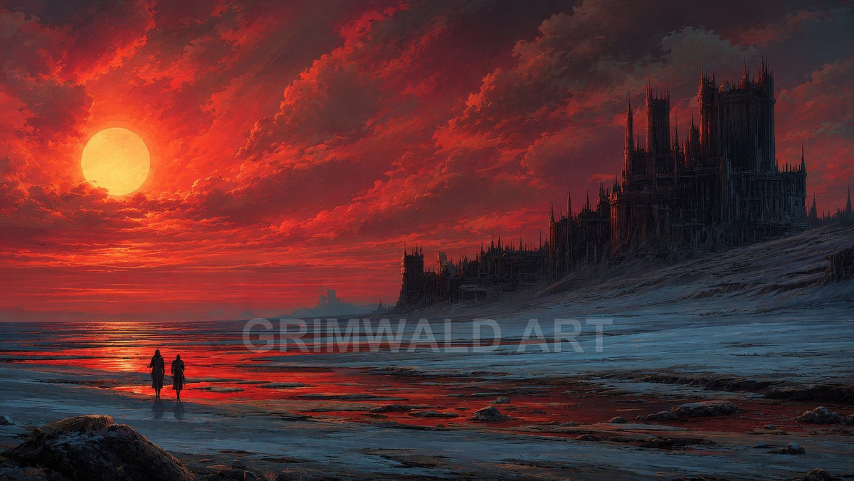 A vast crimson sunset over a dark spired fortress on a bleak coast, with two small figures walking across reflective tidal flats.