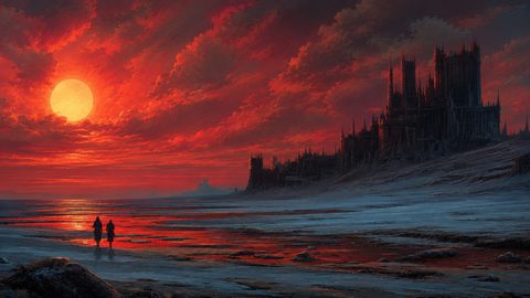GRID THUMBNAIL — A vast crimson sunset over a dark spired fortress on a bleak coast, with two small figures walking across reflective tidal flats.