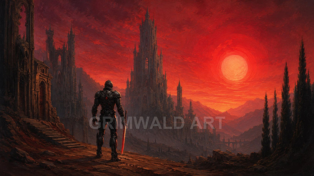 Armoured figure with glowing red sword stands before a towering gothic castle in a mountainous valley beneath a vast crimson sunlit sky.