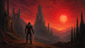 GRID THUMBNAIL — Armoured figure with glowing red sword stands before a towering gothic castle in a mountainous valley beneath a vast crimson sunlit sky.