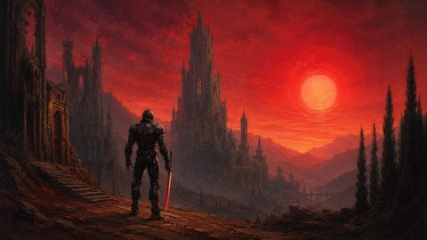 GRID THUMBNAIL — Armoured figure with glowing red sword stands before a towering gothic castle in a mountainous valley beneath a vast crimson sunlit sky.