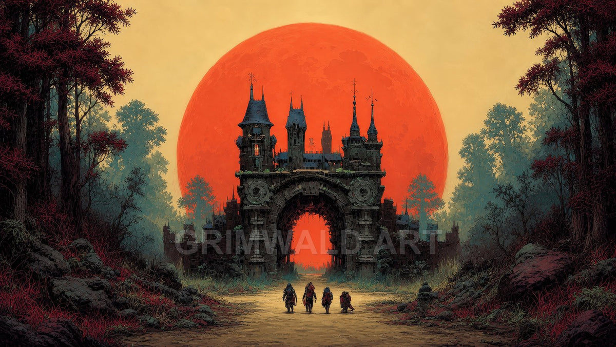 A gothic castle gate rises along a forest path beneath a colossal red sun, with four small travellers approaching through misty, shadowed trees.