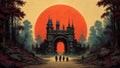 GRID THUMBNAIL — A gothic castle gate rises along a forest path beneath a colossal red sun, with four small travellers approaching through misty, shadowed trees.