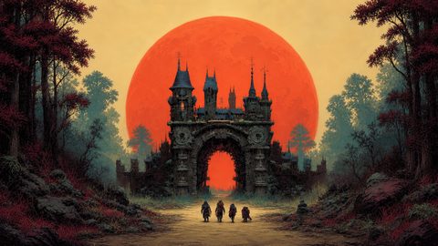 GRID THUMBNAIL — A gothic castle gate rises along a forest path beneath a colossal red sun, with four small travellers approaching through misty, shadowed trees.