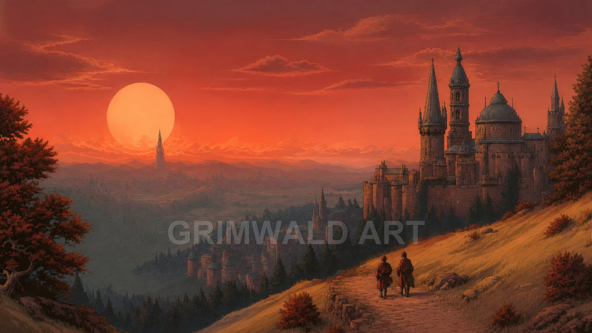 A vast medieval city and hilltop castle glow under a huge red-orange sunset, travellers walking a winding path through autumn trees across a valley.