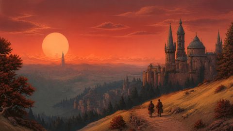 GRID THUMBNAIL — A vast medieval city and hilltop castle glow under a huge red-orange sunset, travellers walking a winding path through autumn trees across a valley.