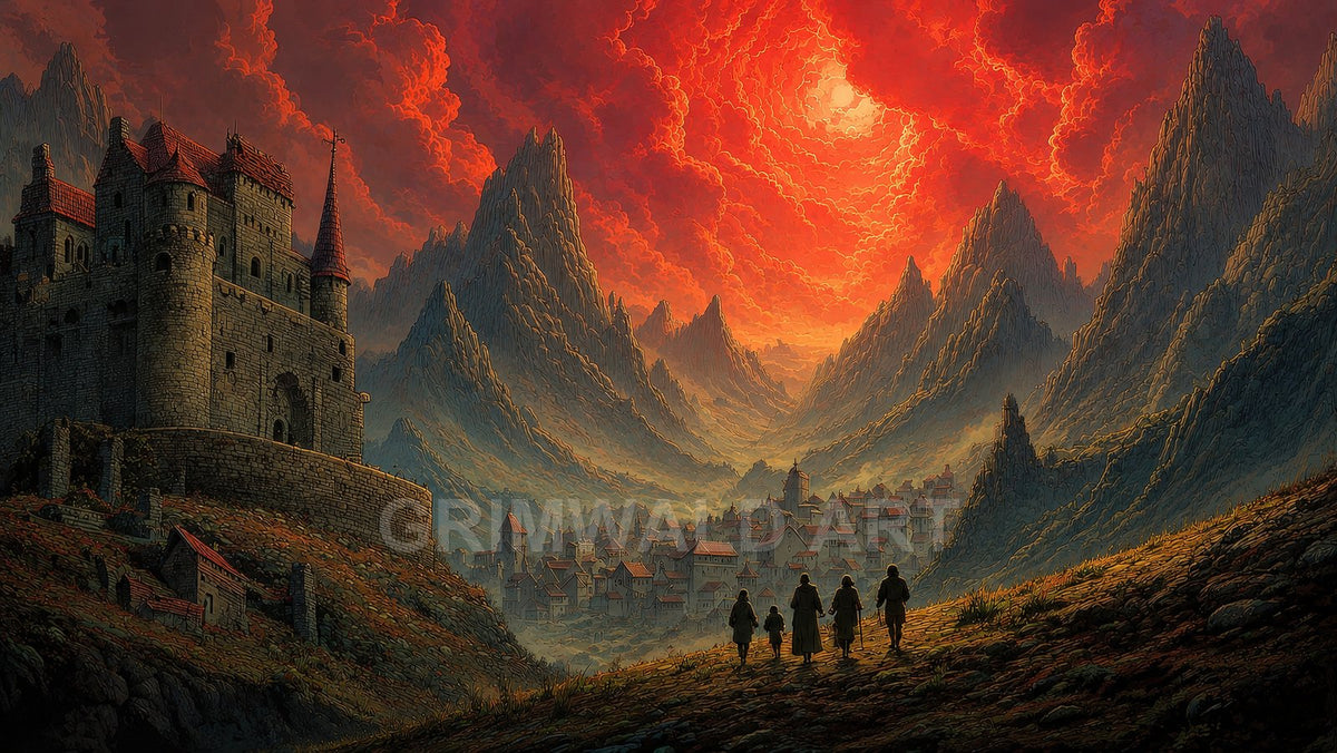 A medieval stone castle and valley town beneath jagged mountains, bathed in a swirling crimson sunset sky, with five travellers silhouetted on a hillside path.