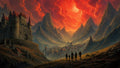 GRID THUMBNAIL — A medieval stone castle and valley town beneath jagged mountains, bathed in a swirling crimson sunset sky, with five travellers silhouetted on a hillside path.