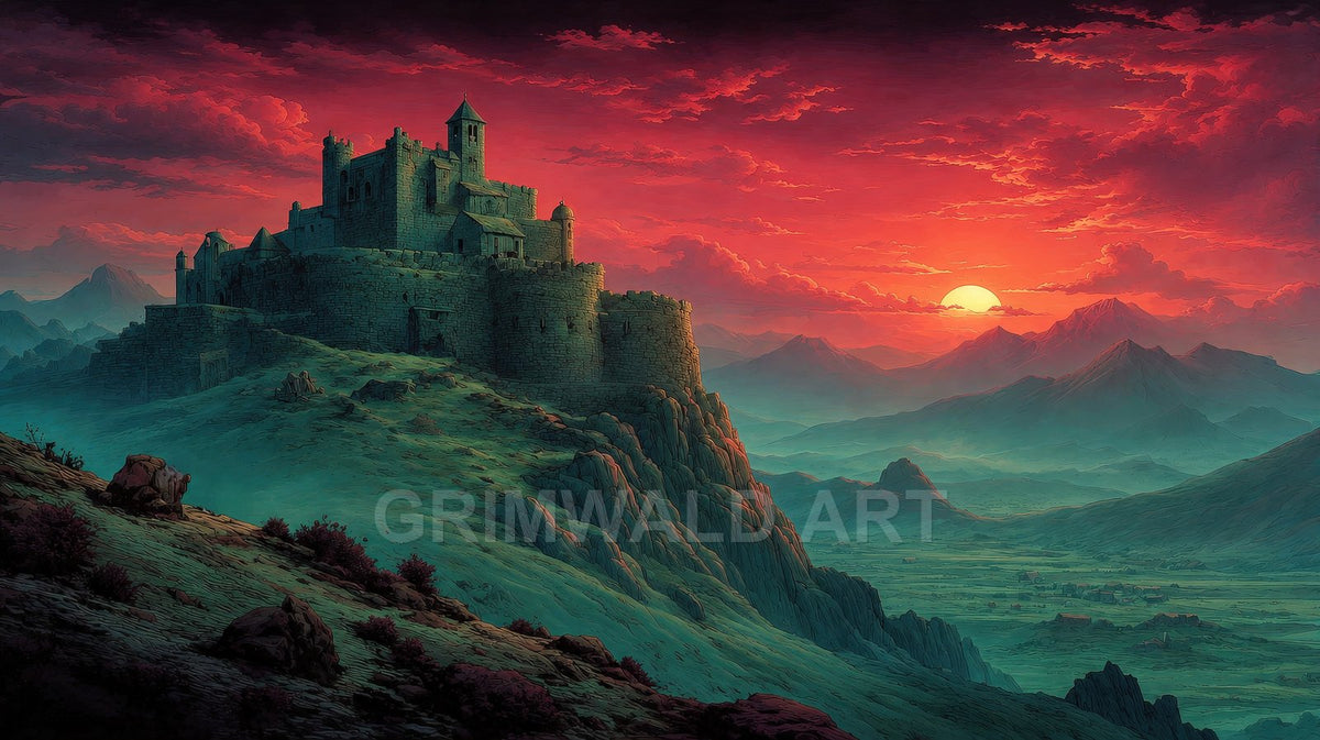 A stone castle crowns a rocky mountain ridge at sunset, crimson clouds above, overlooking misty green valleys and distant jagged peaks.