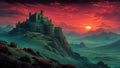 GRID THUMBNAIL — A stone castle crowns a rocky mountain ridge at sunset, crimson clouds above, overlooking misty green valleys and distant jagged peaks.