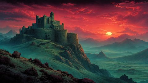 GRID THUMBNAIL — A stone castle crowns a rocky mountain ridge at sunset, crimson clouds above, overlooking misty green valleys and distant jagged peaks.