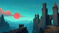 GRID THUMBNAIL — Wide fantasy landscape with a towering stone castle, red-roofed turrets, vast mountains and a huge crimson sun as three travellers approach along a rocky path.