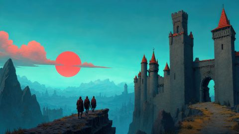 GRID THUMBNAIL — Wide fantasy landscape with a towering stone castle, red-roofed turrets, vast mountains and a huge crimson sun as three travellers approach along a rocky path.