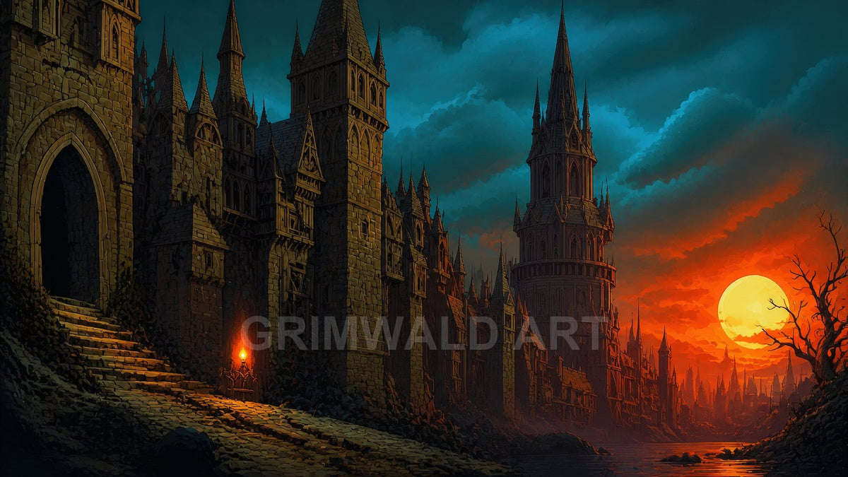 A gothic walled city with towering spires beside a river at sunset, torchlit archway and dramatic orange sun under moody clouds.