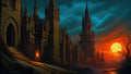 GRID THUMBNAIL — A gothic walled city with towering spires beside a river at sunset, torchlit archway and dramatic orange sun under moody clouds.