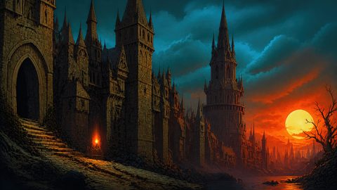 GRID THUMBNAIL — A gothic walled city with towering spires beside a river at sunset, torchlit archway and dramatic orange sun under moody clouds.