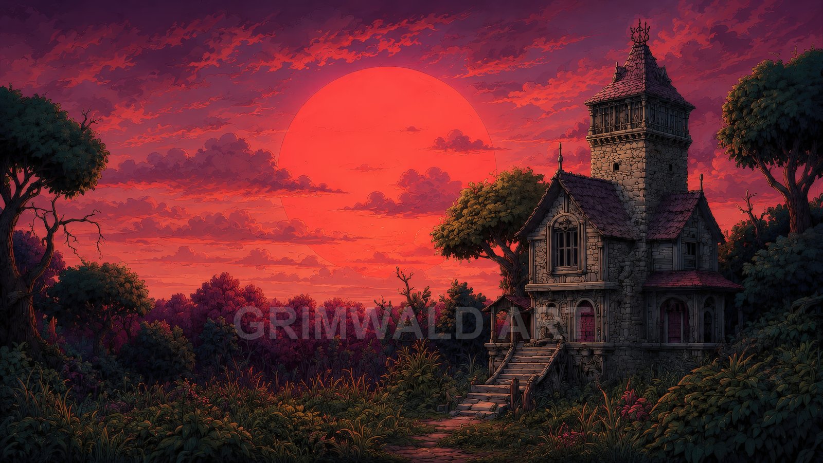 A gothic stone tower house in an overgrown forest, approached by worn steps, beneath a vast crimson sunset and layered purple clouds.