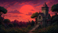 GRID THUMBNAIL — A gothic stone tower house in an overgrown forest, approached by worn steps, beneath a vast crimson sunset and layered purple clouds.