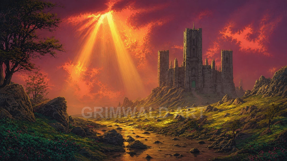 A stone hilltop castle towers above a rocky valley as golden sunbeams pierce crimson clouds, lighting a winding river and scattered trees.