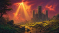 GRID THUMBNAIL — A stone hilltop castle towers above a rocky valley as golden sunbeams pierce crimson clouds, lighting a winding river and scattered trees.