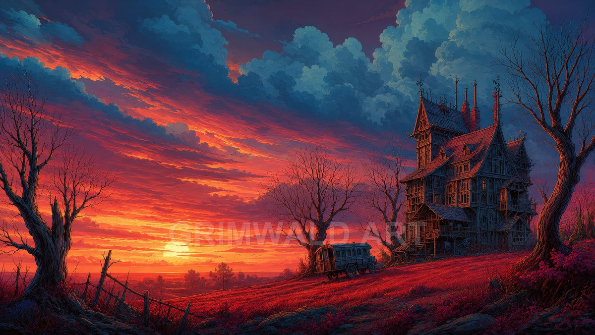 Gothic wooden mansion on a hill amid leafless trees, red fields and a wagon, beneath a dramatic red sunset and towering blue clouds.