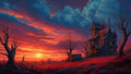 GRID THUMBNAIL — Gothic wooden mansion on a hill amid leafless trees, red fields and a wagon, beneath a dramatic red sunset and towering blue clouds.