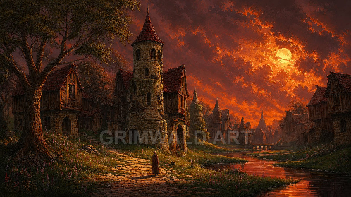 Medieval riverside village with a central stone tower, cobbled path, timber houses, and fiery orange sunset sky mirrored in calm water.