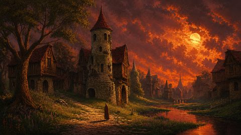 GRID THUMBNAIL — Medieval riverside village with a central stone tower, cobbled path, timber houses, and fiery orange sunset sky mirrored in calm water.