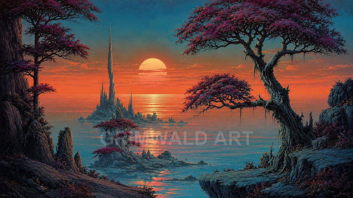 Fantasy seascape at sunset with large sun, jagged island spires, teal water, and gnarled trees with magenta foliage along rocky cliffs.