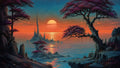GRID THUMBNAIL — Fantasy seascape at sunset with large sun, jagged island spires, teal water, and gnarled trees with magenta foliage along rocky cliffs.