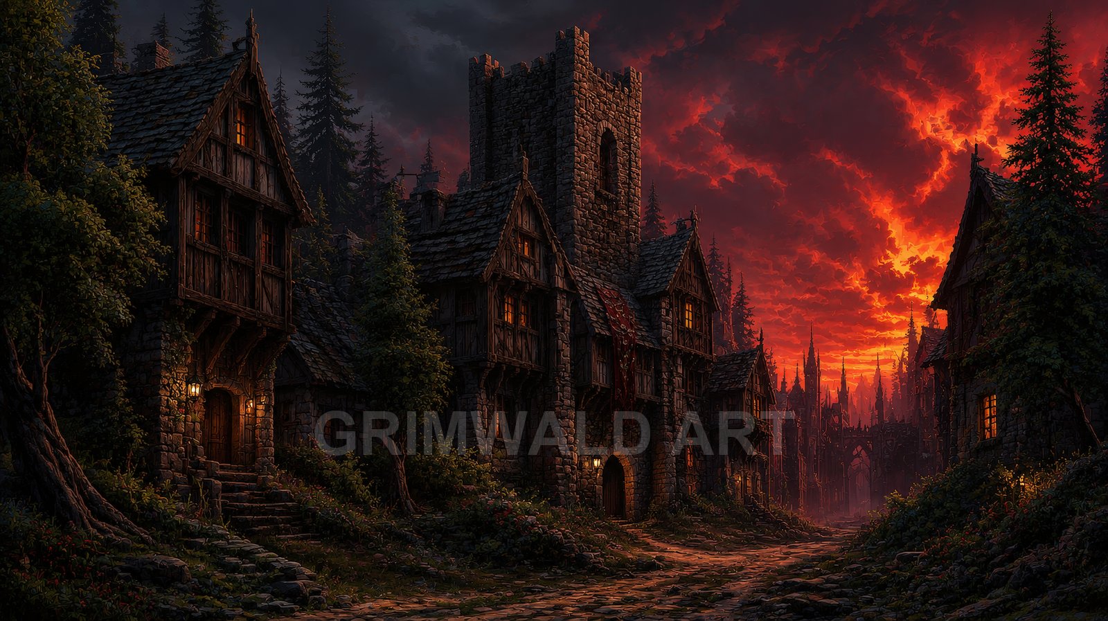 Medieval timber-framed village street with a central stone tower beneath a blazing crimson sunset, warm lanterns glowing, pines and a distant gothic gate.