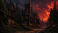 GRID THUMBNAIL — Medieval timber-framed village street with a central stone tower beneath a blazing crimson sunset, warm lanterns glowing, pines and a distant gothic gate.