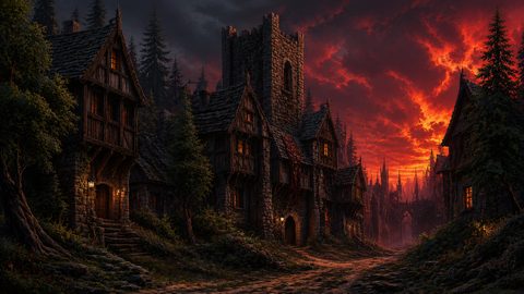 GRID THUMBNAIL — Medieval timber-framed village street with a central stone tower beneath a blazing crimson sunset, warm lanterns glowing, pines and a distant gothic gate.