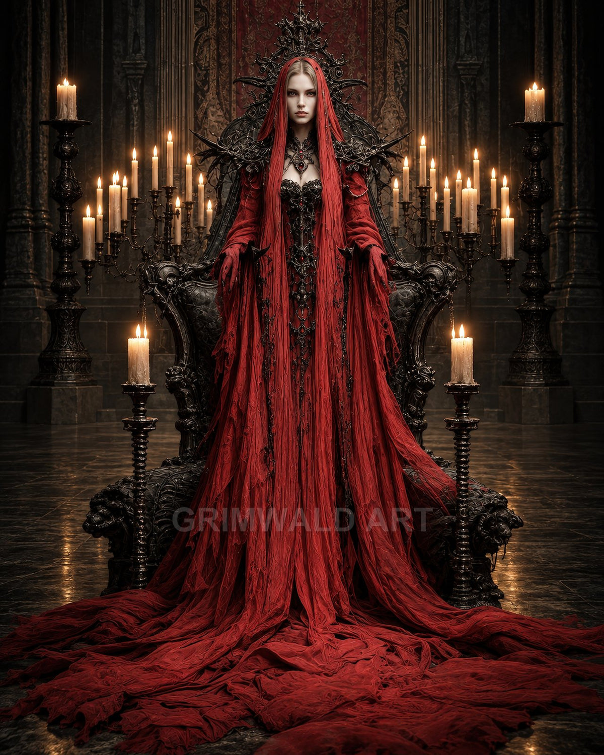 A regal woman in an elaborate red gown sits on an ornate dark throne, surrounded by tall candelabras in a gothic, candlelit hall.